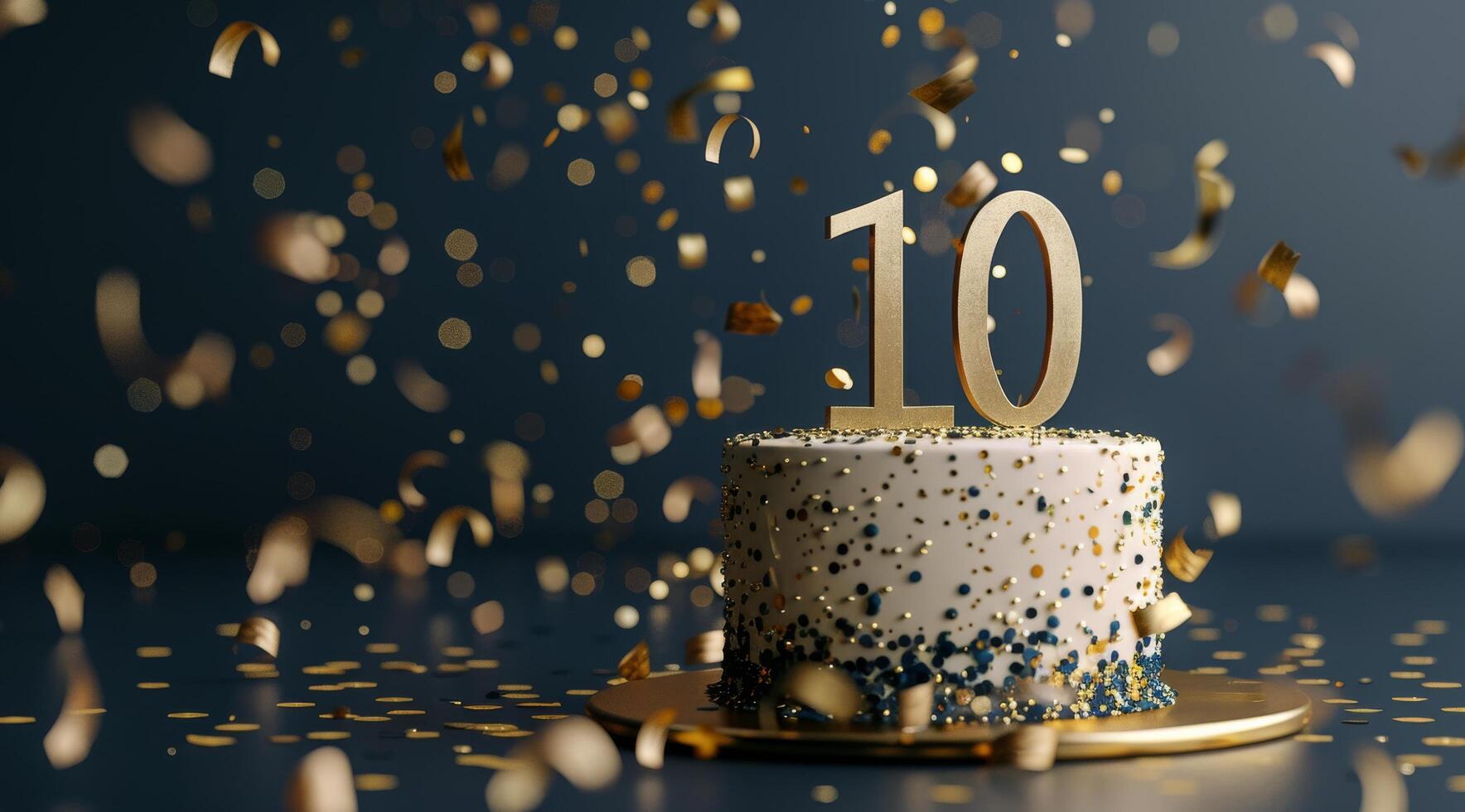 White Cake With Gold Number Ten and Confetti on Blue Background photo