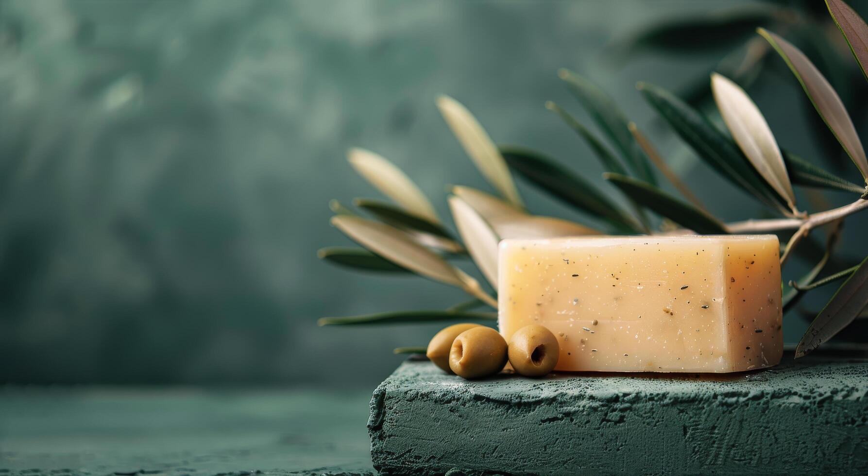 Natural Handmade Olive Oil Soap Bar With Green Leaves on a Rustic Tabletop photo