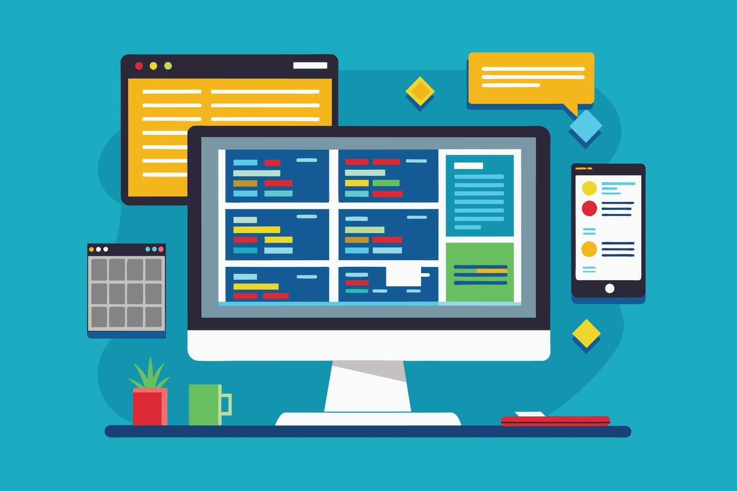 Flat design illustration of a modern desk setup with a desktop computer displaying multiple browser windows, a smartphone, a plant, and a cup of coffee. vector