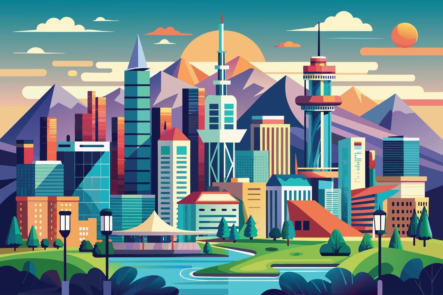A stylized illustration of a modern city skyline with mountains, a sunset, and a lake in the foreground. vector