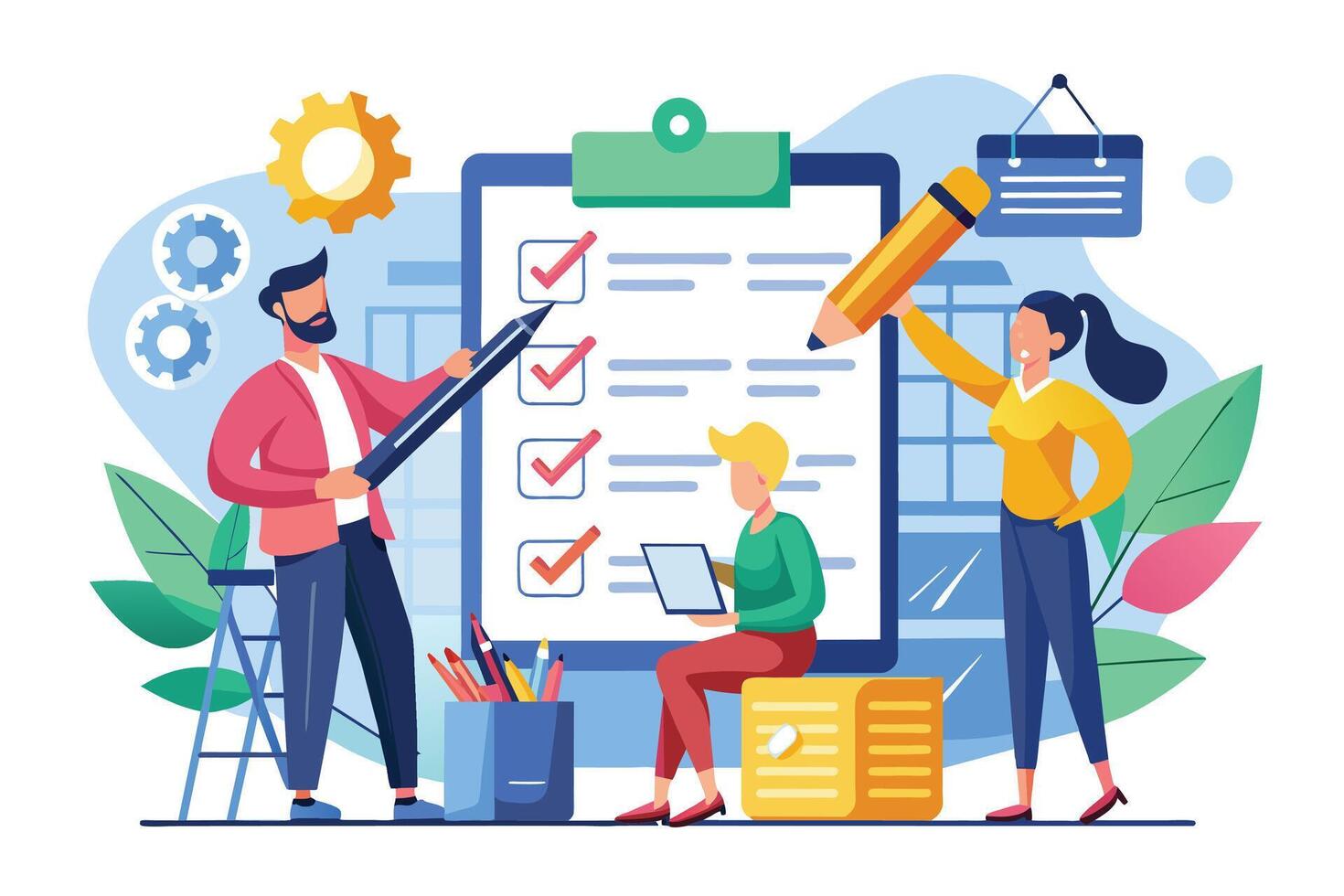a man standing on a step ladder, a woman standing on a box, and a woman sitting on a box using a laptop. All are using pencils to mark off the tasks on the checklist. vector
