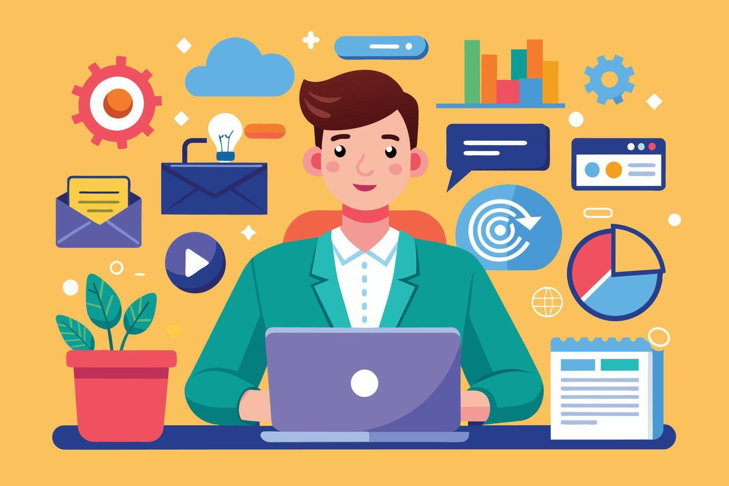 An illustration of a man working on a laptop at his desk. He is surrounded by business icons, such as graphs, charts, and emails. vector