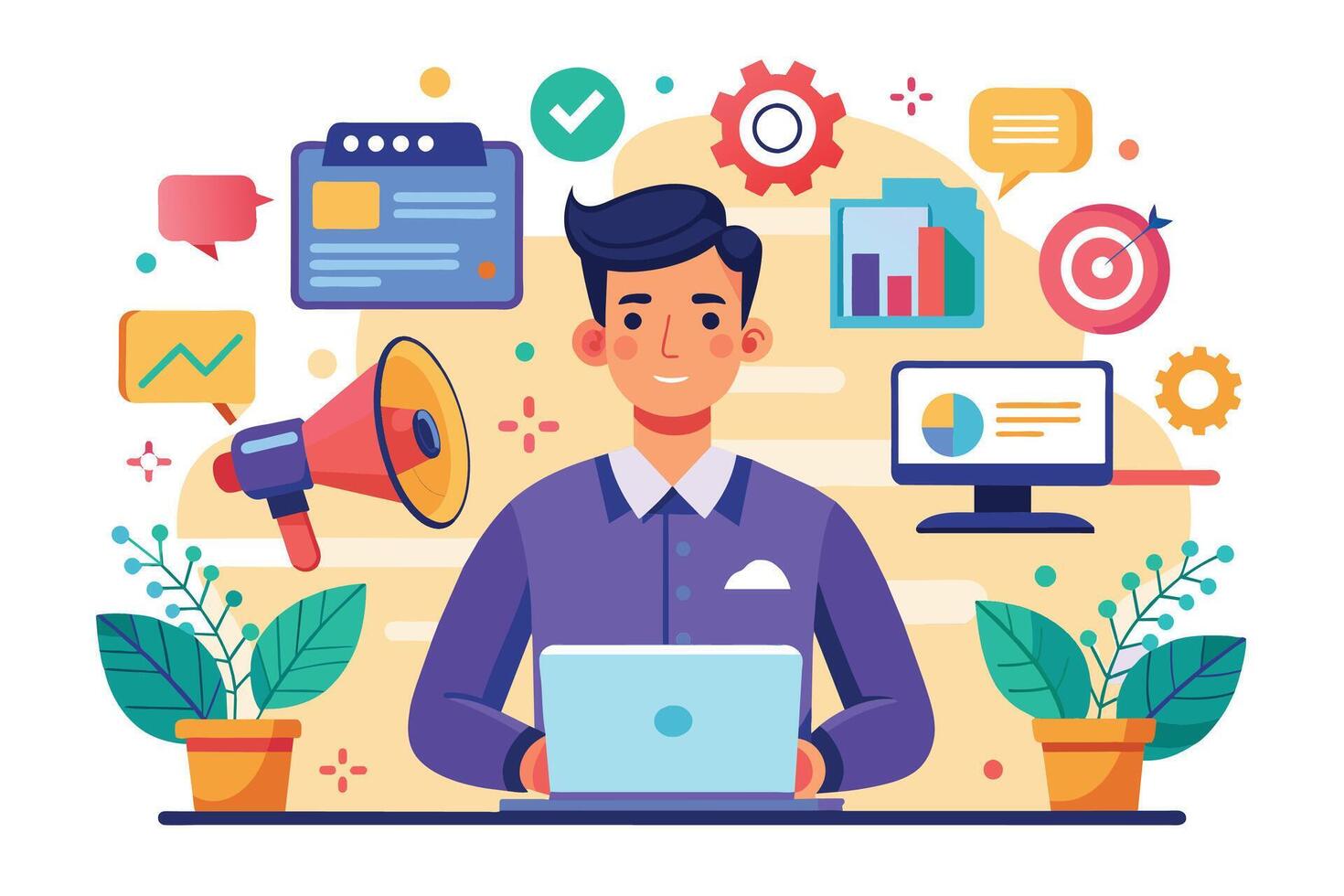 A cartoon illustration of a man working on a laptop at a desk. He is surrounded by icons related to marketing and data analytics, including a megaphone, charts, and graphs. vector