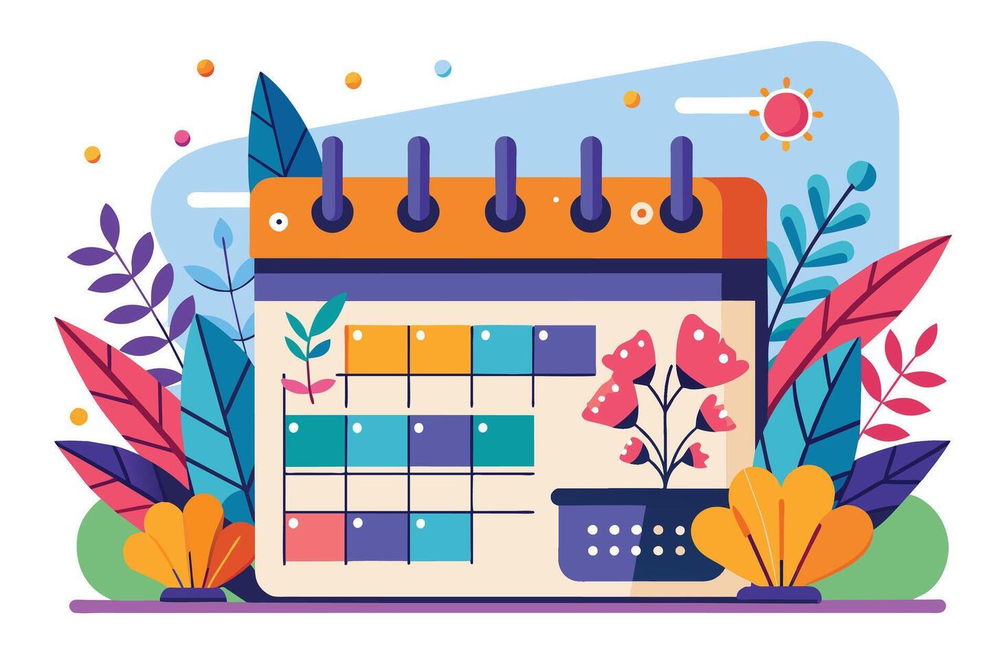 A colorful calendar with a grid of different colored squares, set against a sunny sky with colorful leaves and flowers. vector