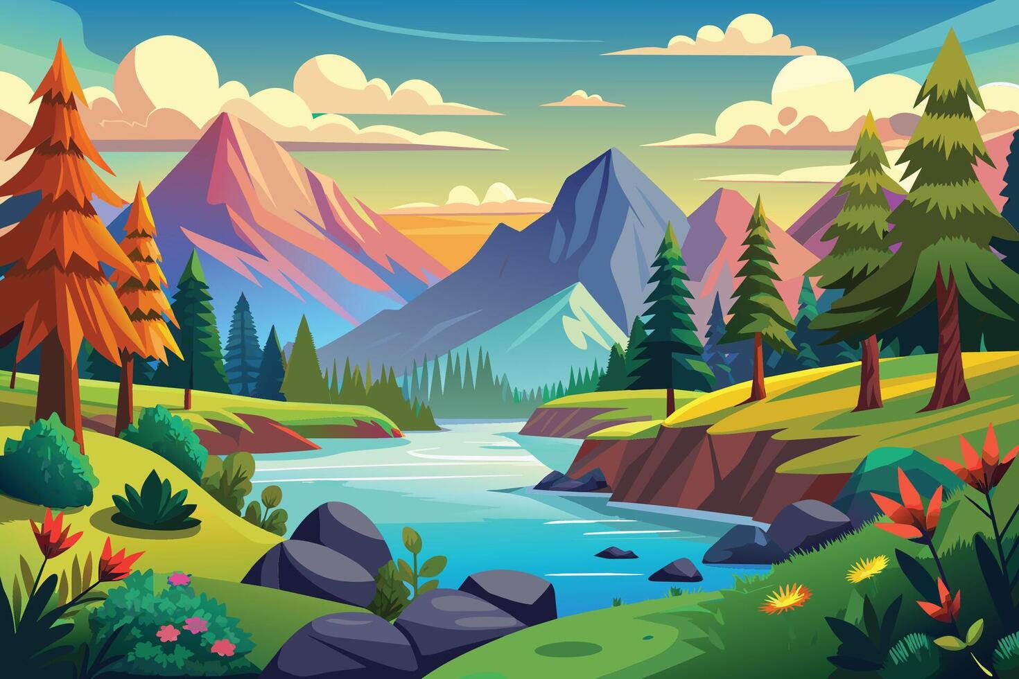 An idyllic illustration showcasing a calm river flowing through a verdant valley nestled amidst towering mountains and a bright blue sky. vector