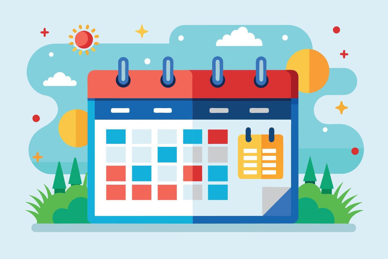 An illustration depicting a calendar with colorful squares and a summer background with sunshine and grass. vector