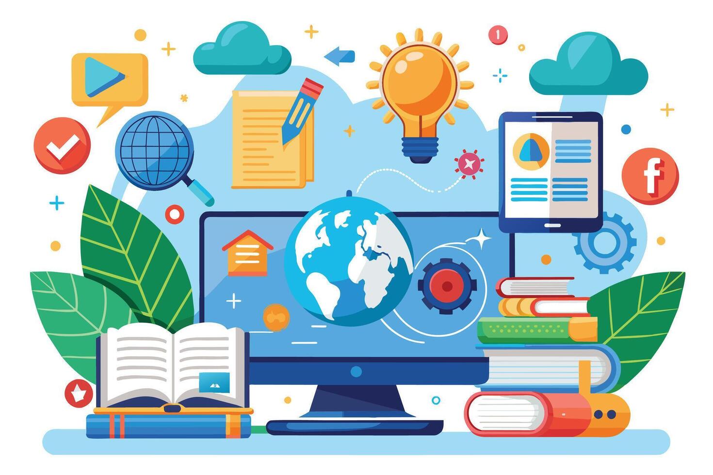 A colorful illustration depicting the concept of global online learning, featuring a computer, books, a lightbulb, and other digital elements. vector