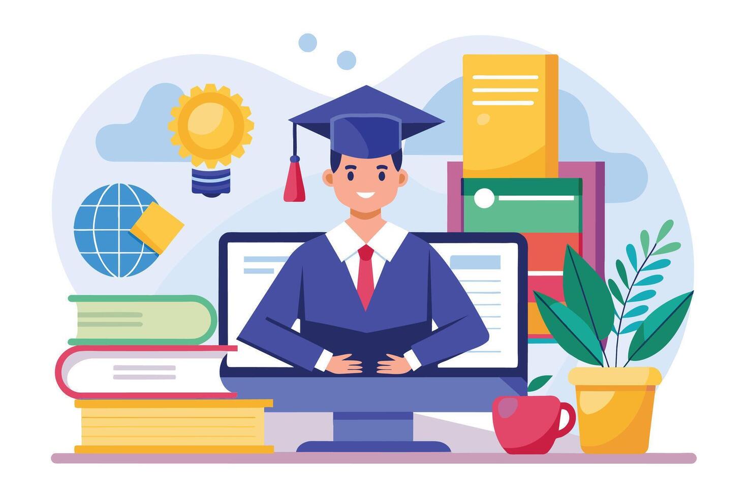 Illustration of a smiling graduate sitting in front of a computer screen, with books and a plant on a desk. vector