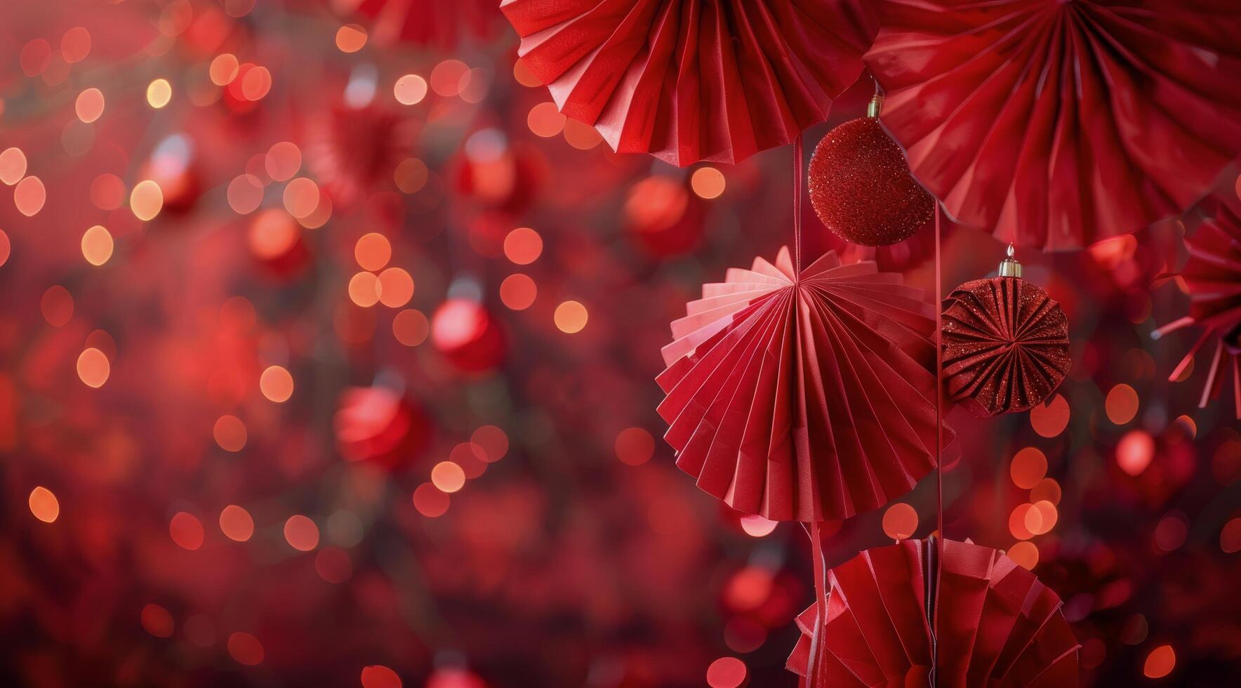 Red Folding Fans Hanging Against a Bokeh Background photo