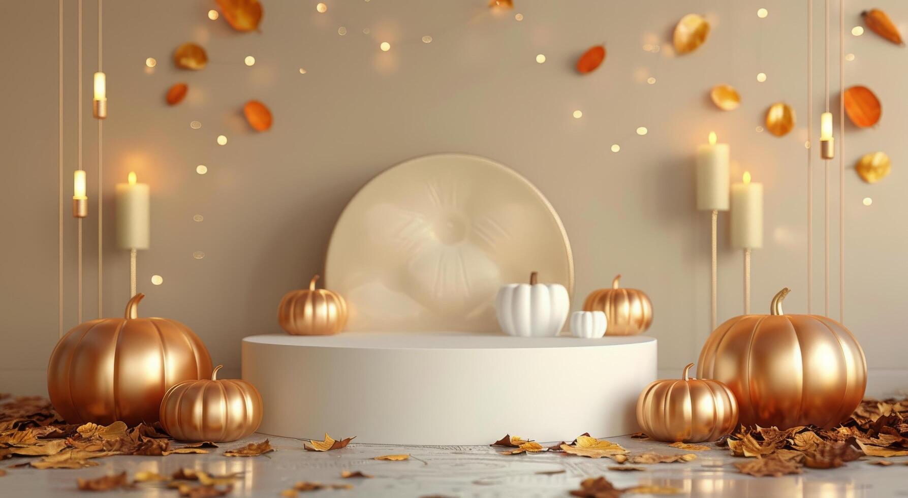Autumnal Still Life With Gold Pumpkins and Candles photo