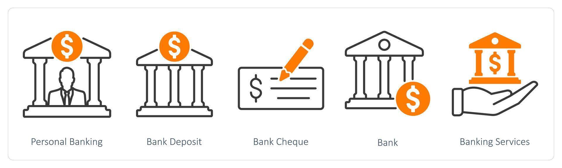 A set of 5 Banking icons as personal banking, bank deposit, bank cheque vector