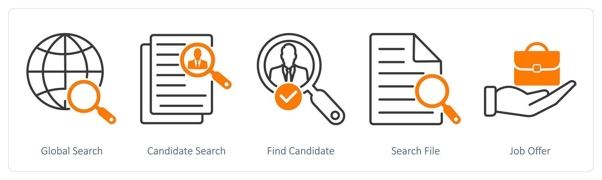 A set of 5 Business and Office icons as global search, candidate search, find candidate vector