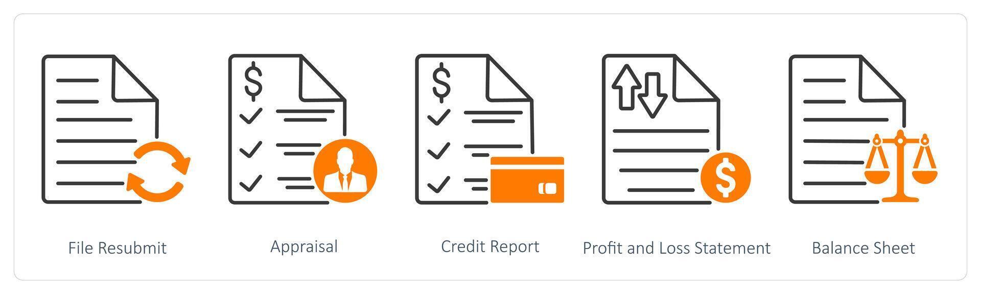 A set of 5 Banking icons as file resubmit, appraisal, credit report, profit and loss statement vector