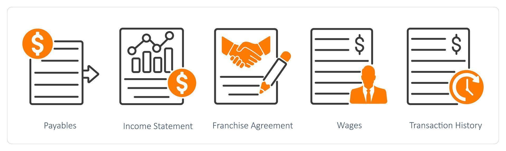 A set of 5 Banking icons as payables, income statement, franchise agreement vector