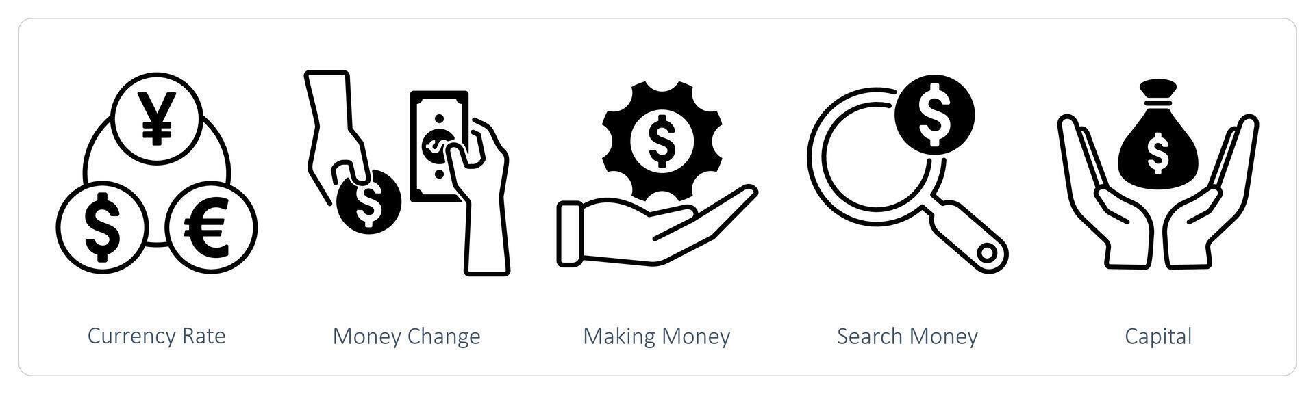 A set of 5 Banking icons as currency rate, money change, money making vector