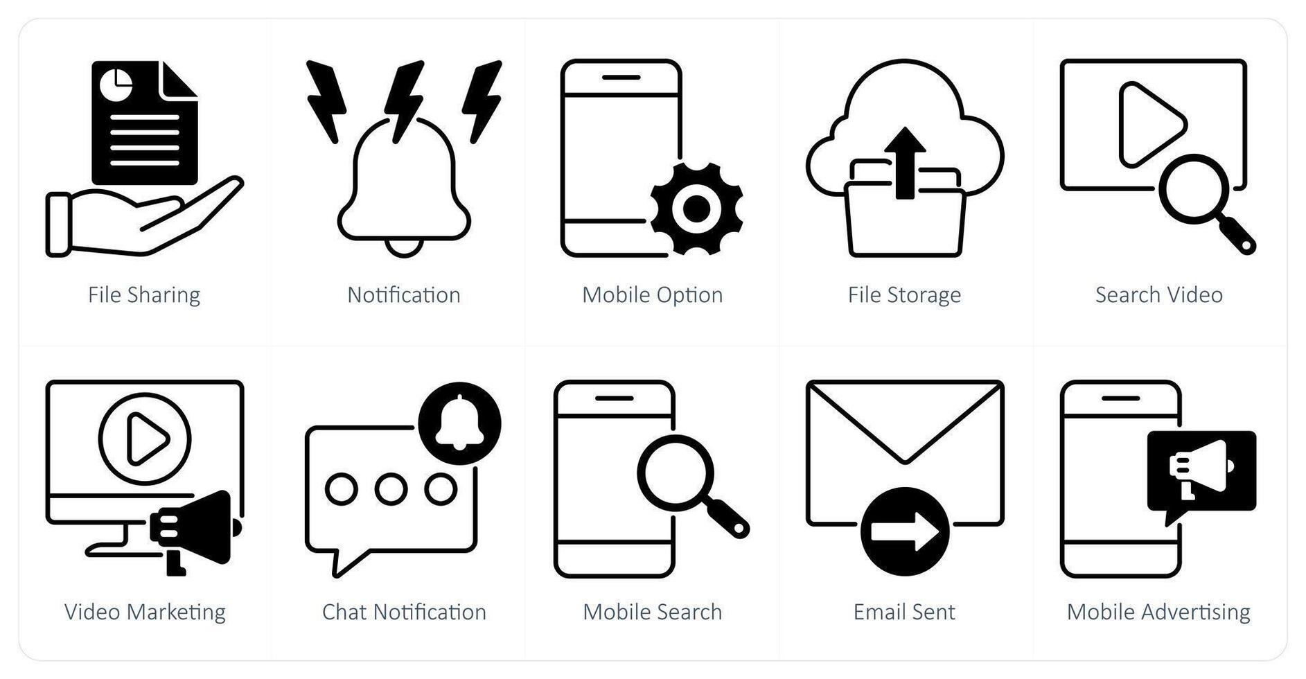 A set of 10 seo icons as file sharing, notification, mobile option vector