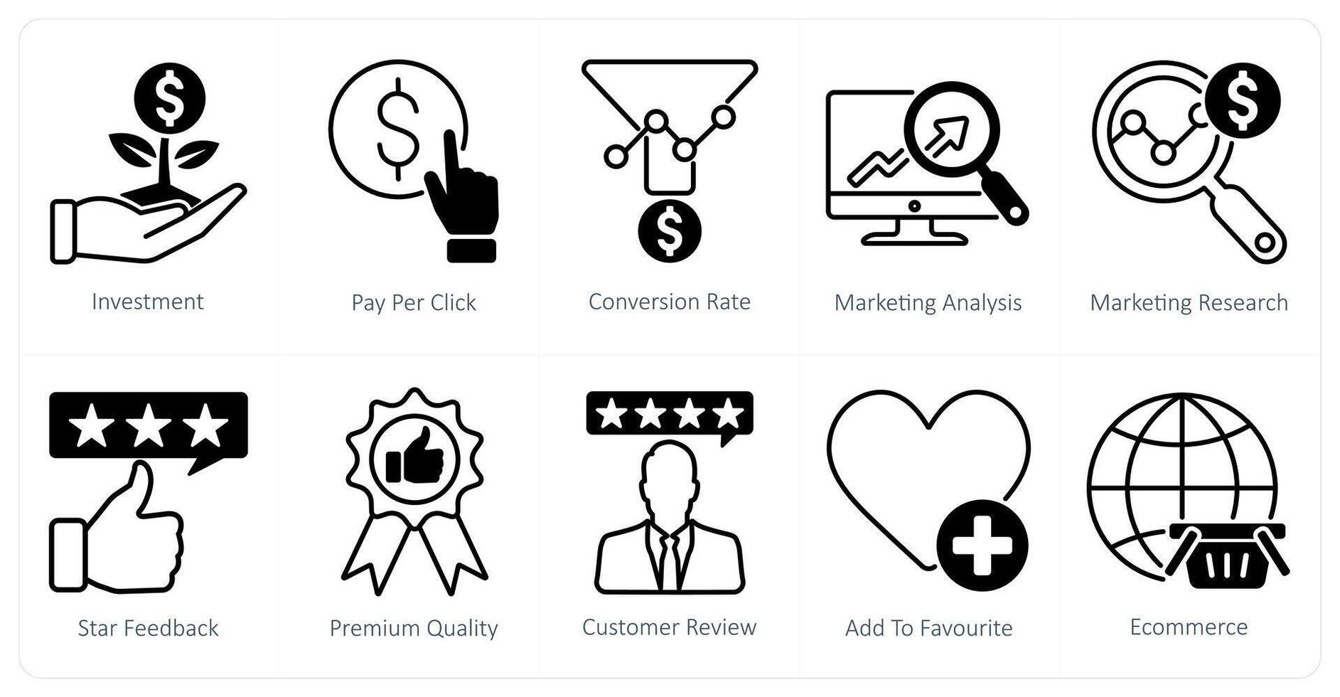 A set of 10 seo icons as investment, pay per click, conversion rate vector