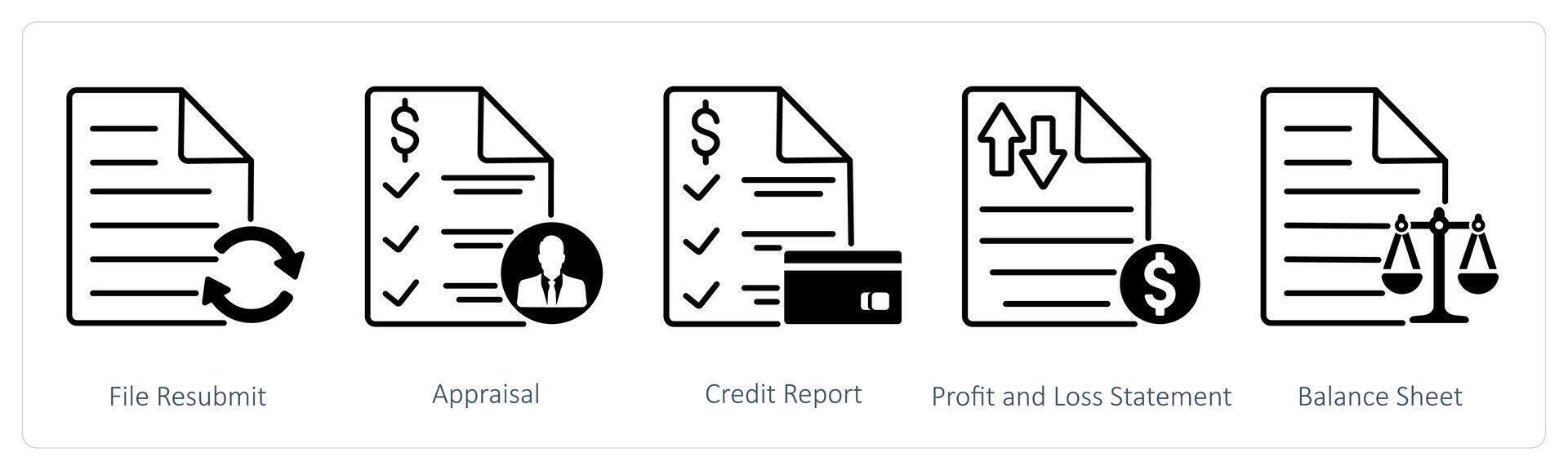 A set of 5 Banking icons as file resubmit, appraisal, credit report, profit and loss statement vector