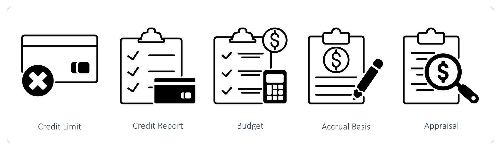 A set of 5 Banking icons as credit limit, credit report, budget vector