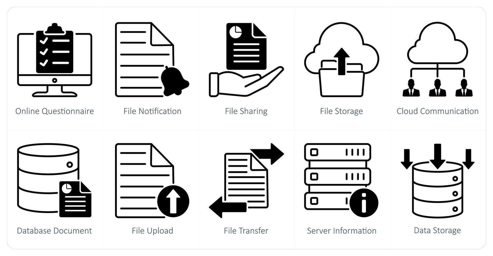 A set of 10 seo icons as online questionnaire, file notification, file sharing vector