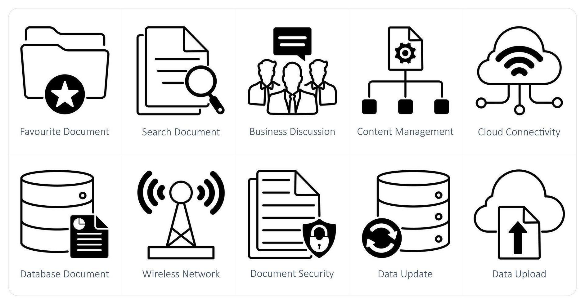 A set of 10 seo icons as favorite document, search document, business discussion vector