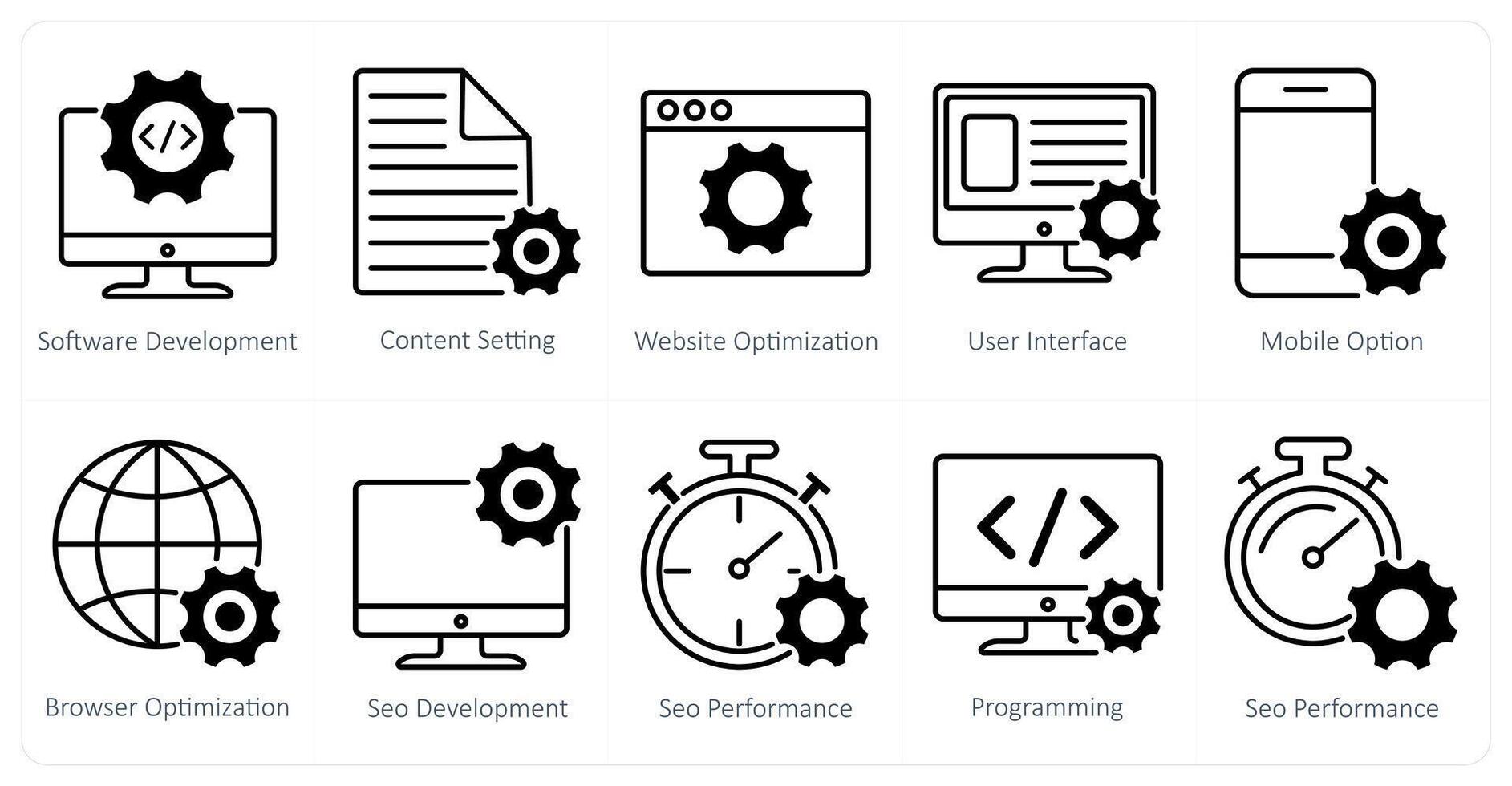 A set of 10 seo icons as software development, content setting, website optimization vector