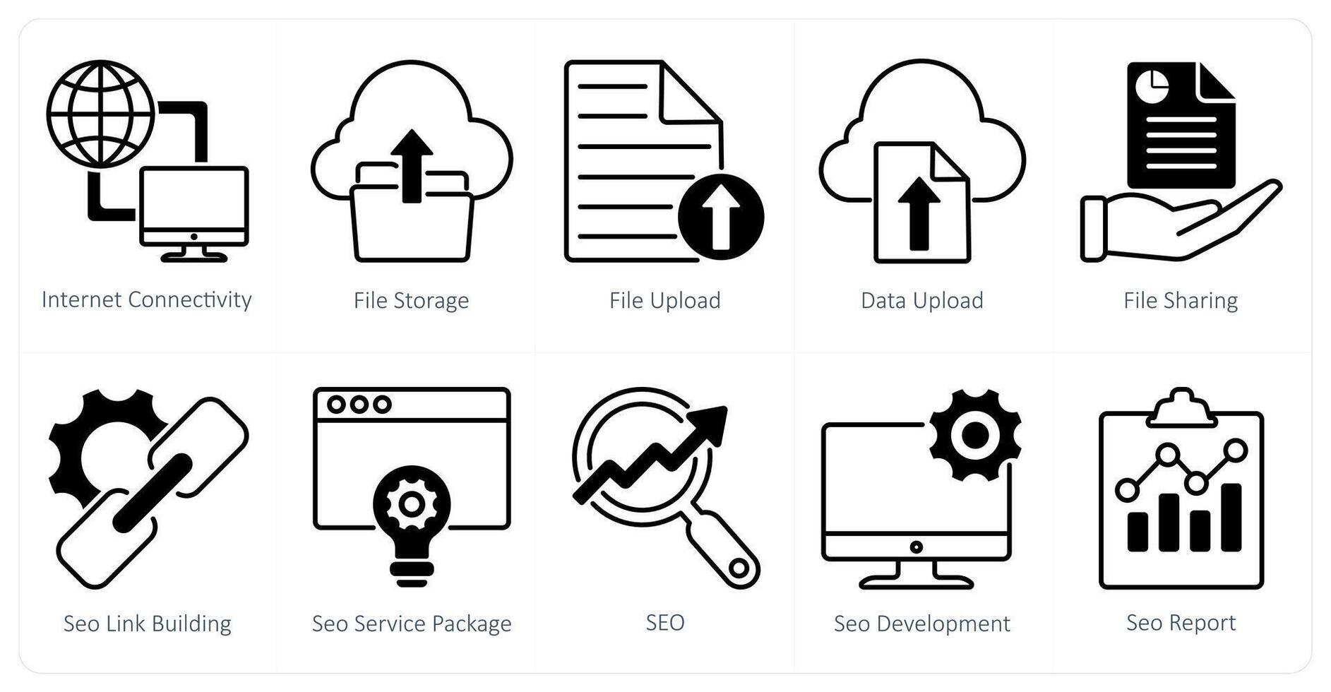 A set of 10 seo icons as internet connectivity, file storage, file upload vector