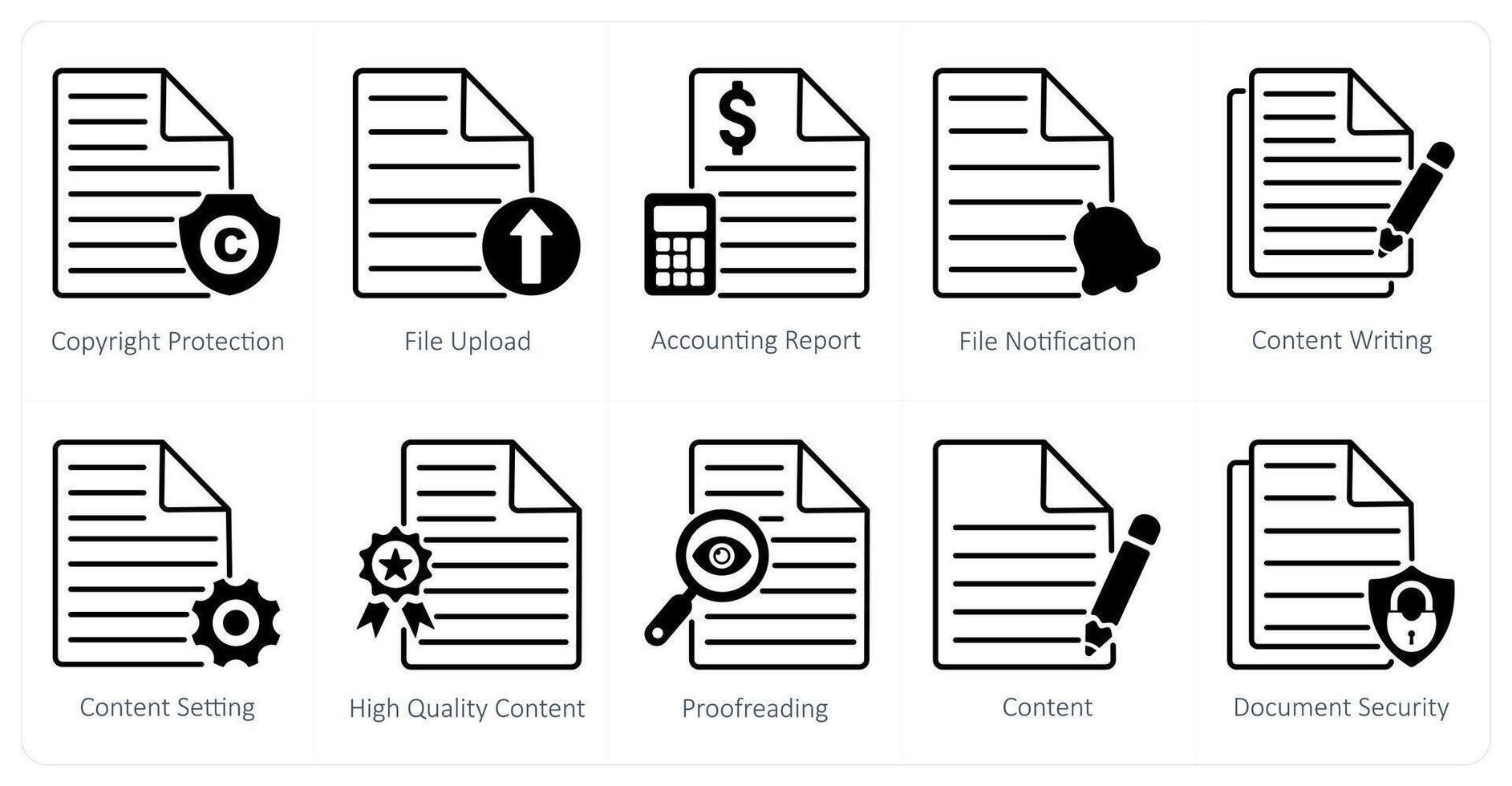 A set of 10 seo icons as copyright protection, file upload, accounting report vector