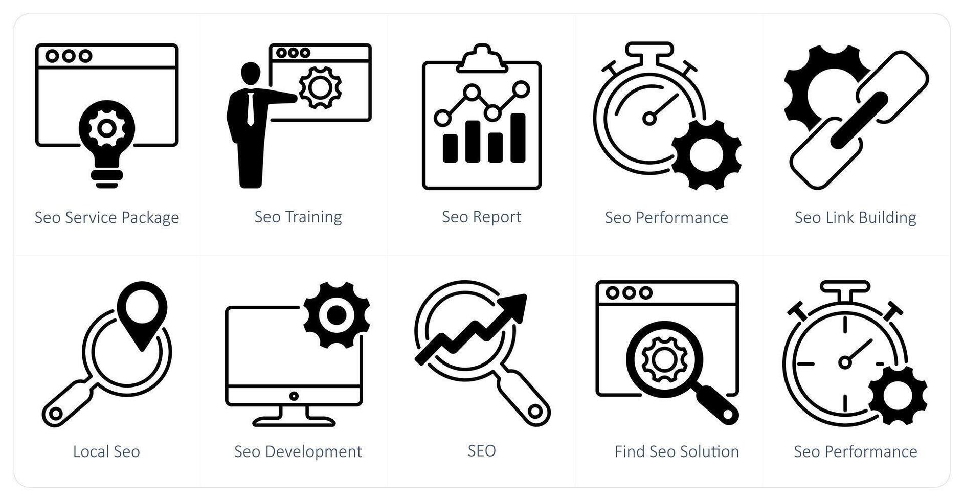 A set of 10 seo icons as seo service package, seo training, seo report vector
