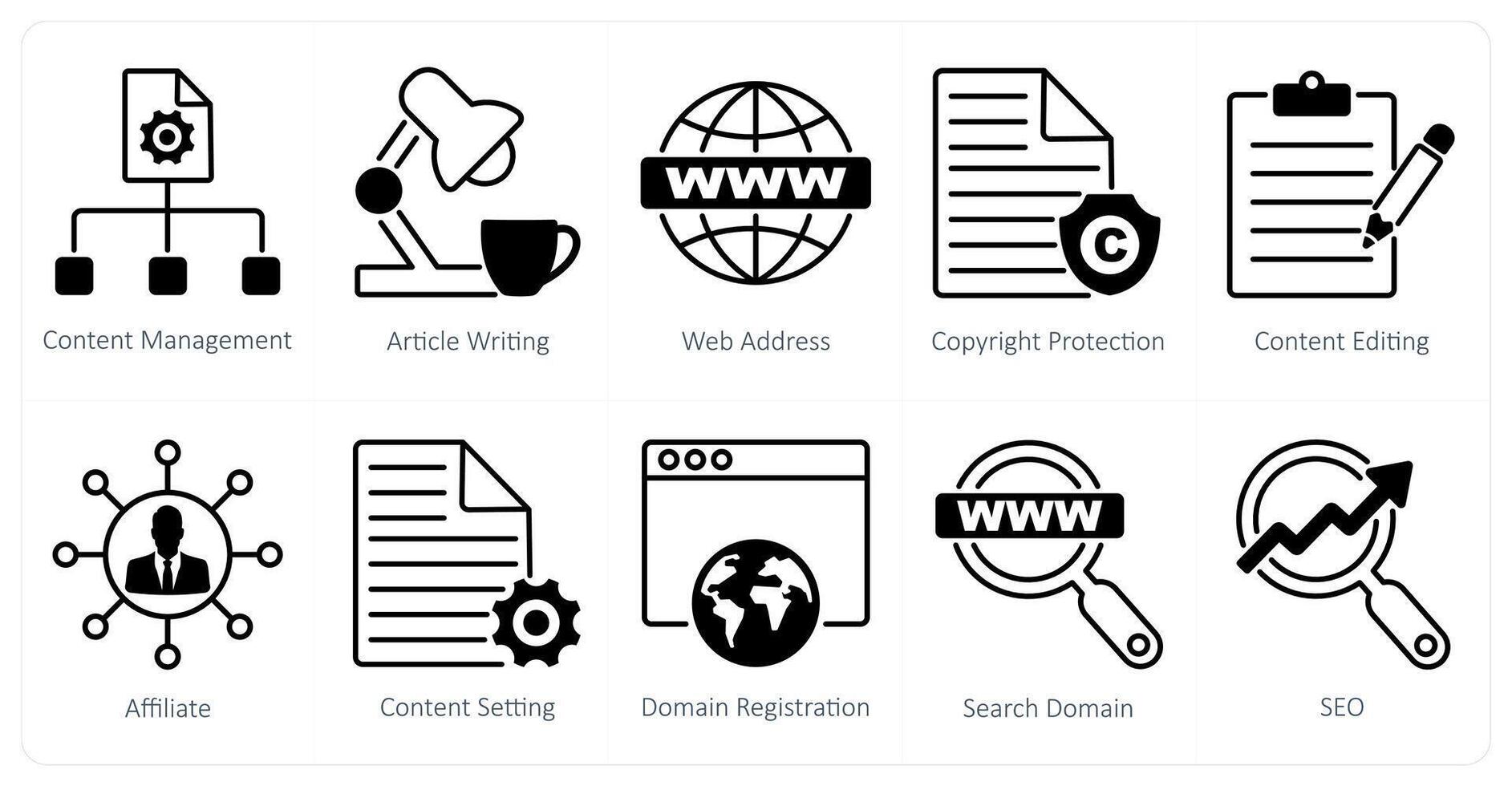 A set of 10 seo icons as content management, article writing, web address vector