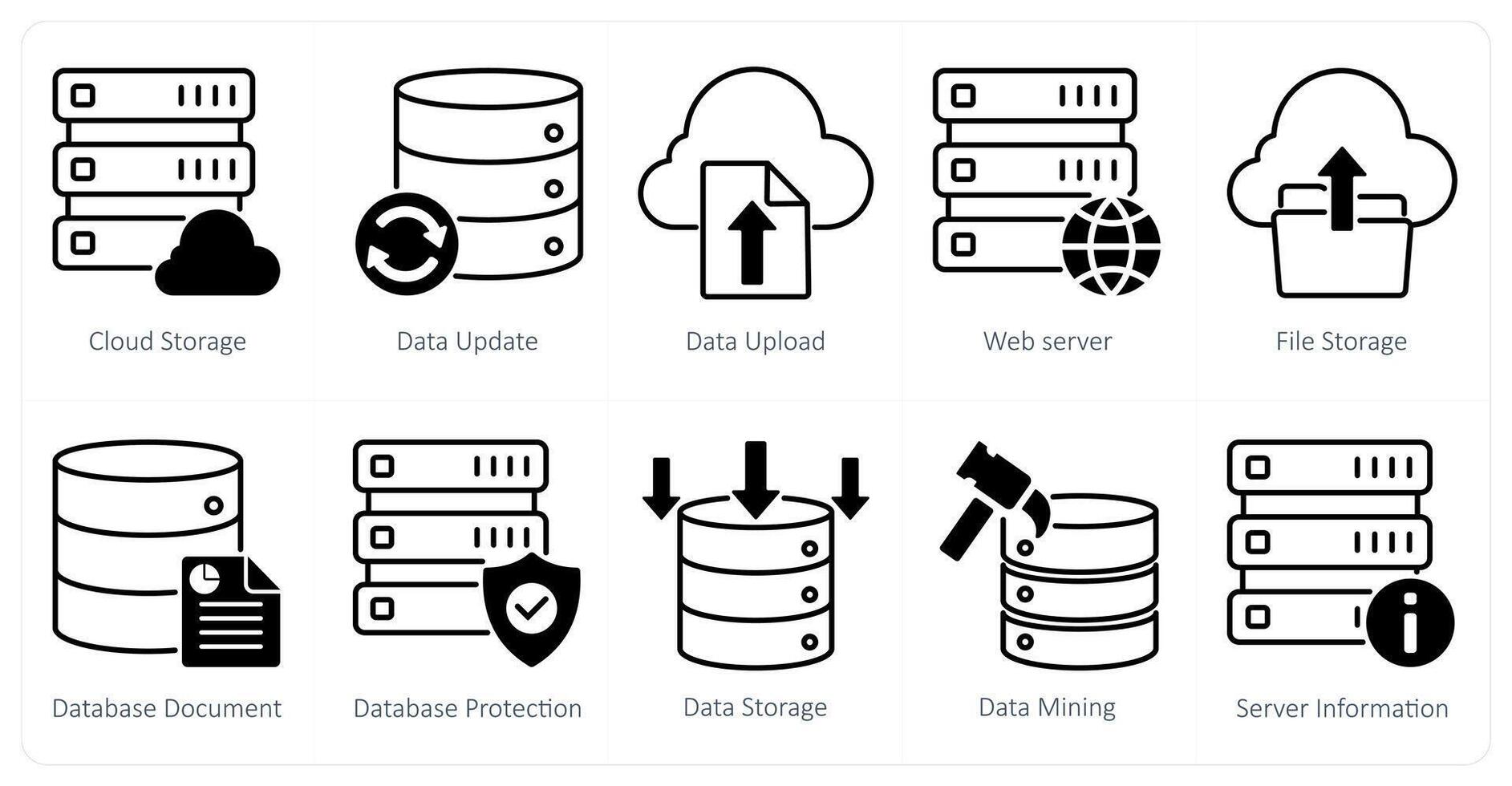 A set of 10 seo icons as cloud storage, data update, data upload vector