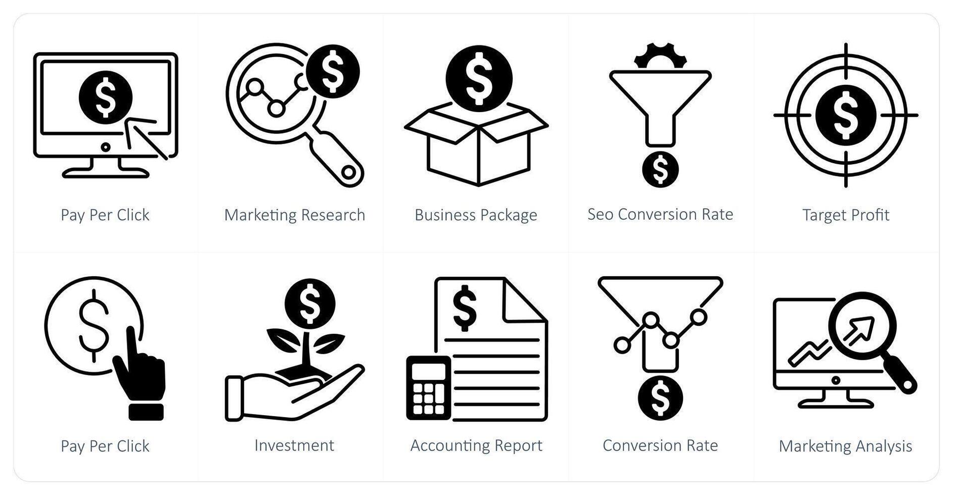 A set of 10 seo icons as pay per click, marketing research, business package vector