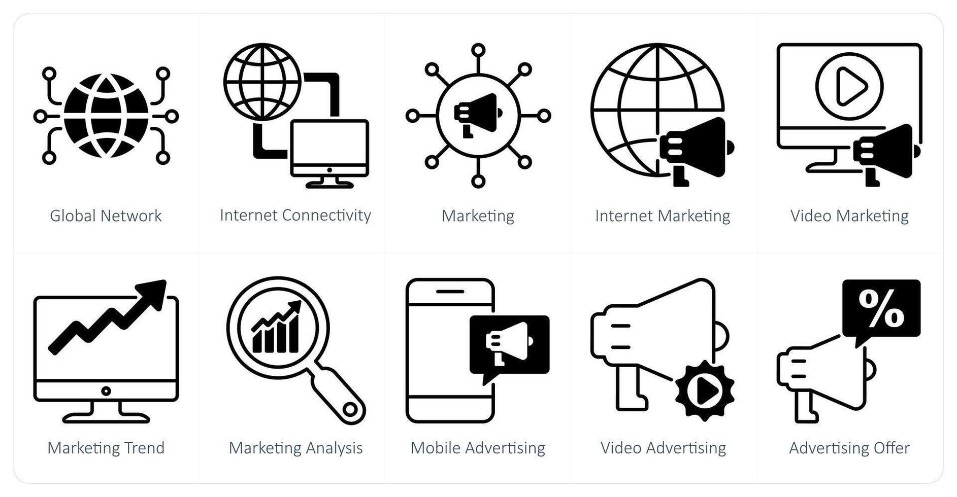 A set of 10 seo icons as global network, internet connectivity, internet marketing vector