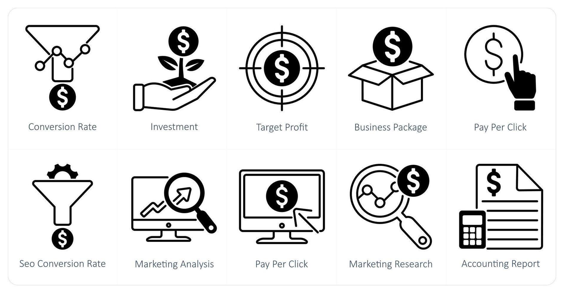 A set of 10 seo icons as conversion rate, investment, target profit vector