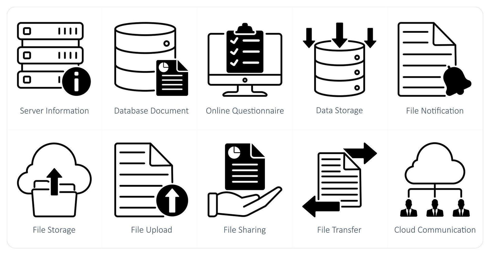 un conjunto de 10 seo íconos como seo información, base de datos documento, en línea cuestionario vector