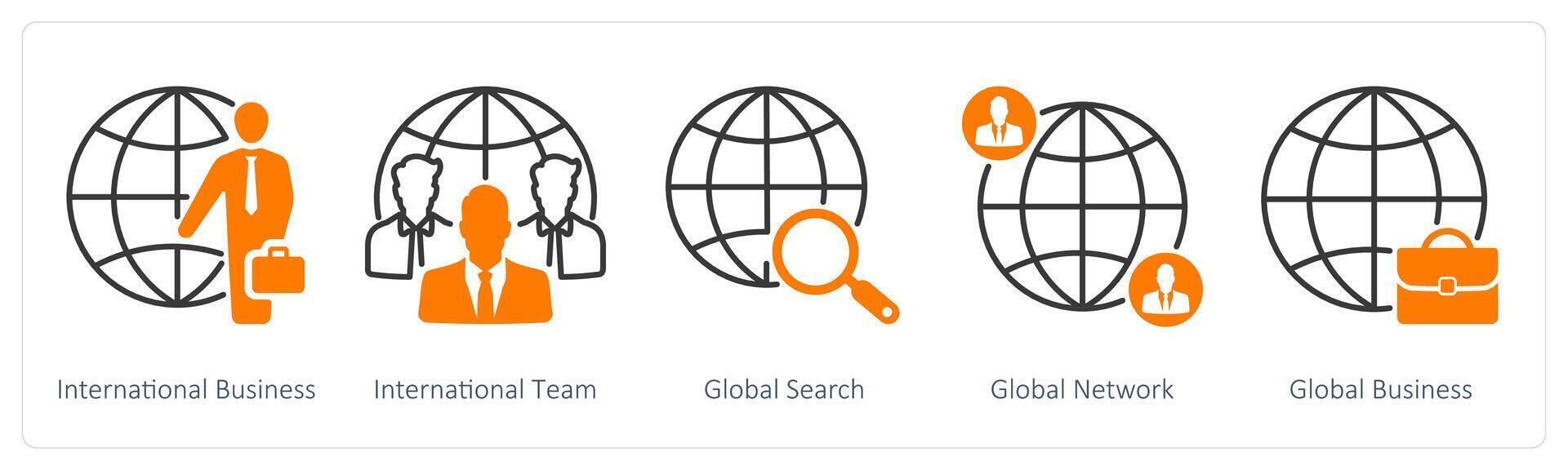 A set of 5 Business and Office icons as international business, international team, global search vector
