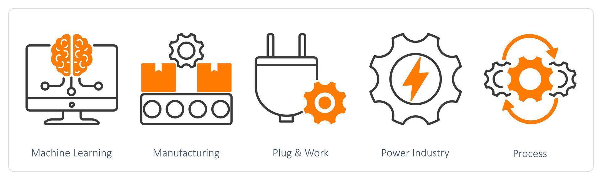 A set of 5 Industrial icons as machine learning, manufacturing, plug and work vector