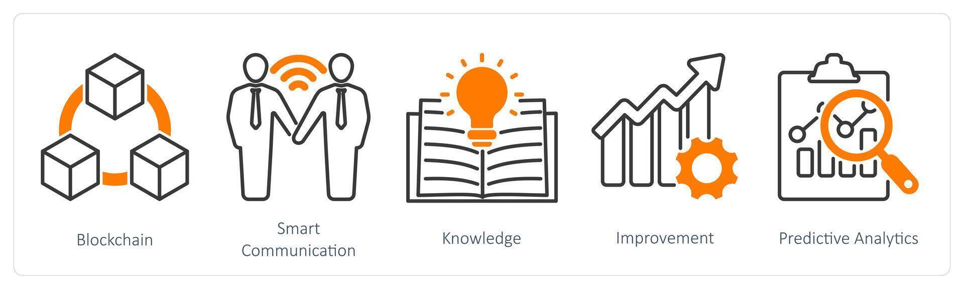 A set of 5 Industrial icons as blockchain, smart communication, knowledge vector