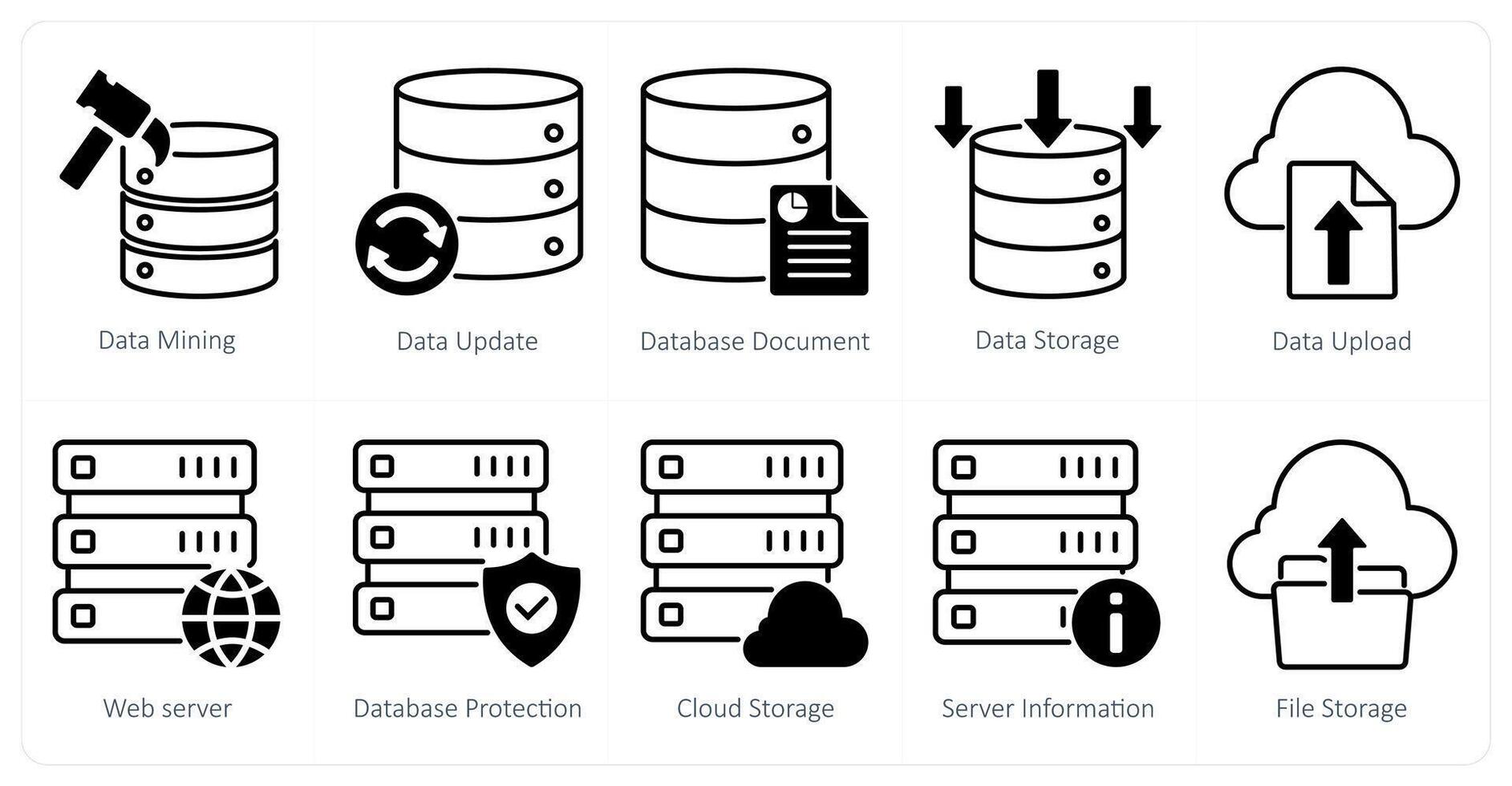 A set of 10 seo icons as data mining, data update, database document vector