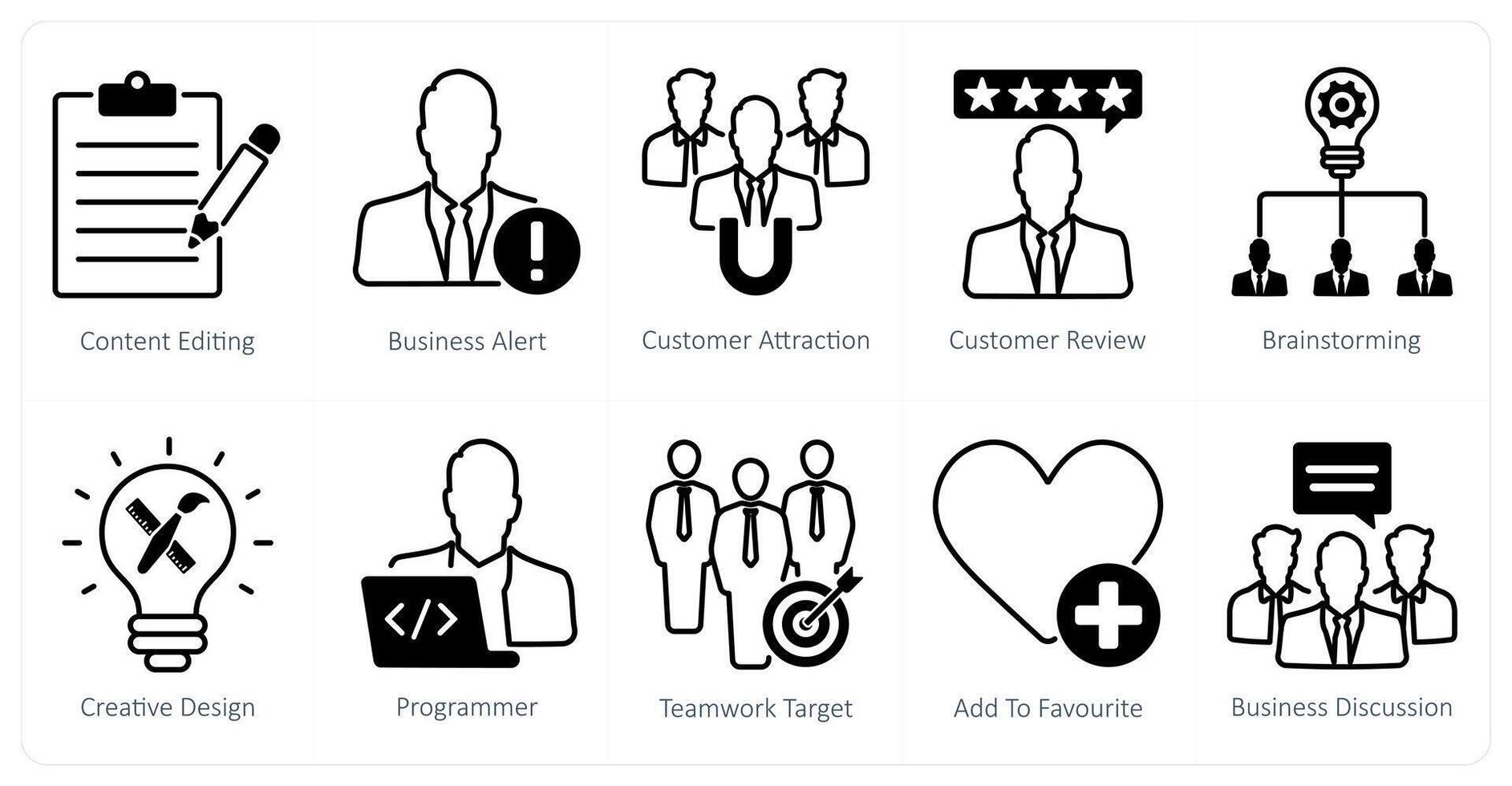 A set of 10 seo icons as content editing, business alert, customer attraction vector