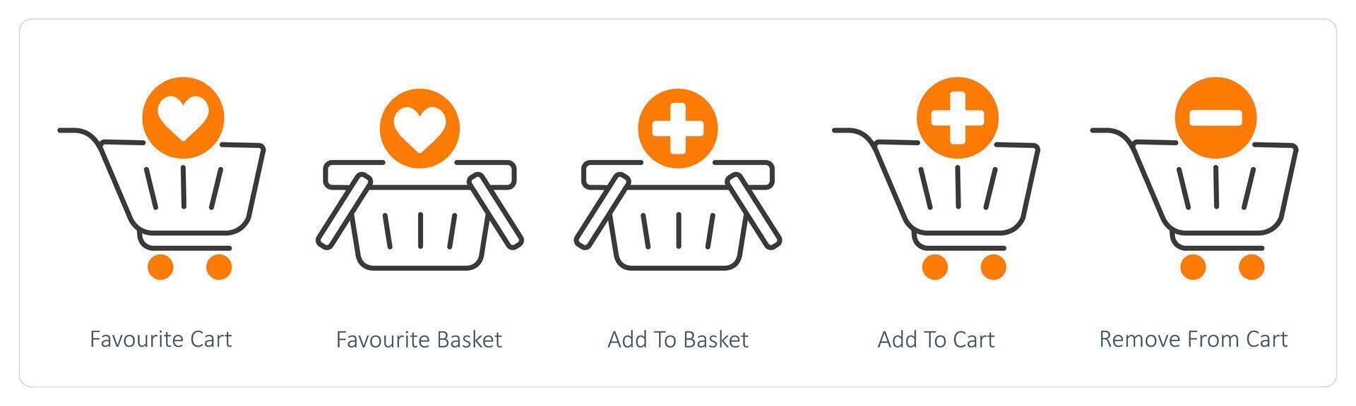 A set of 5 Shopping icons as favorite cart, favorite basket, add to basket vector