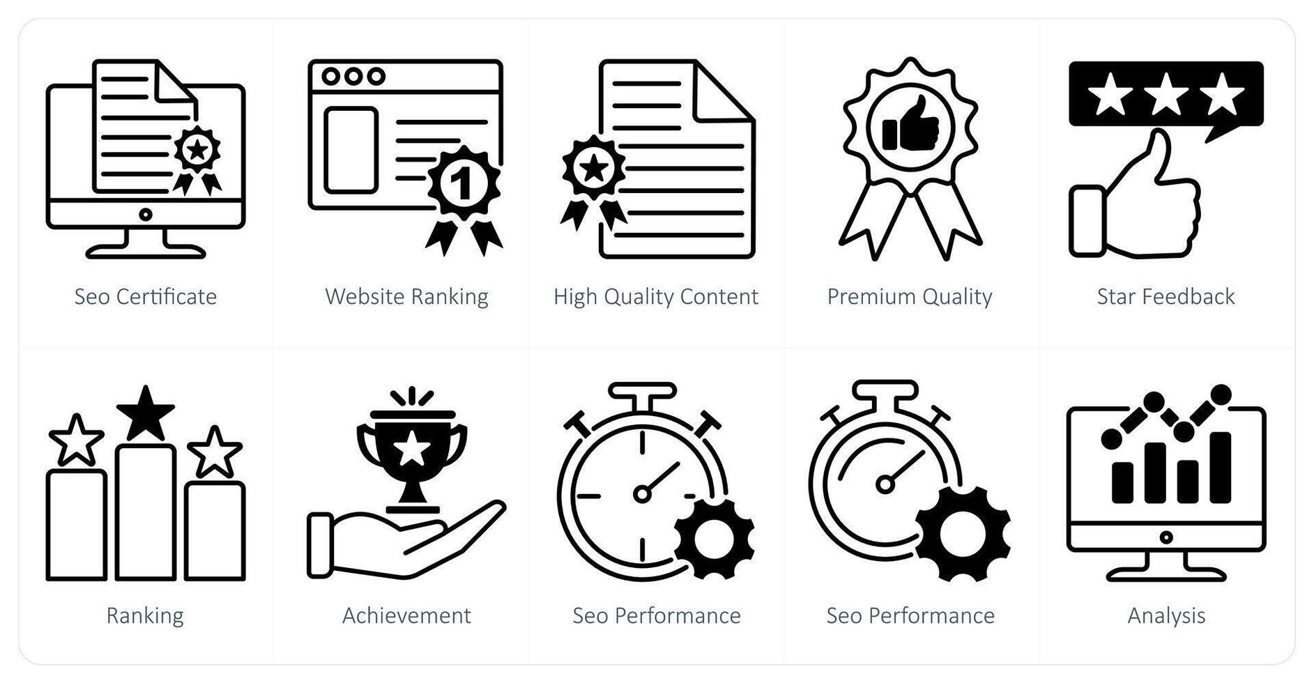 A set of 10 seo icons as seo certificate, website ranking, high quality content vector