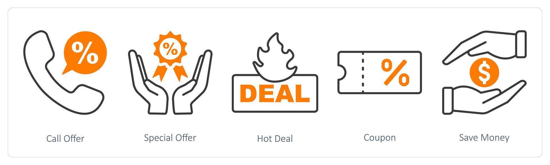 A set of 5 Shopping icons as call offer, special offer, hot deal vector