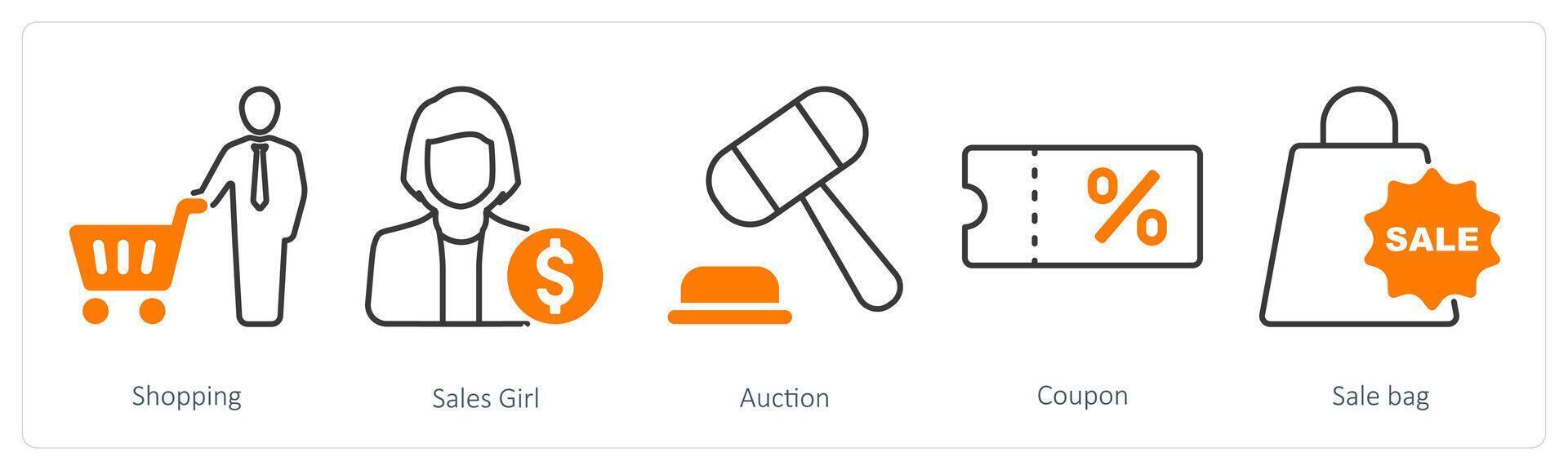 A set of 5 Shopping icons as shopping, sales girl, auction vector