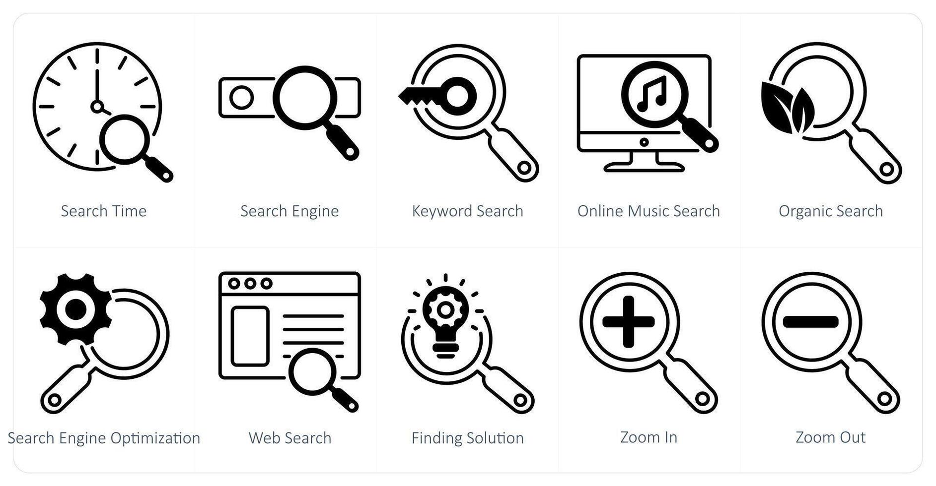 A set of 10 seo icons as search time, search engine, keyword search vector