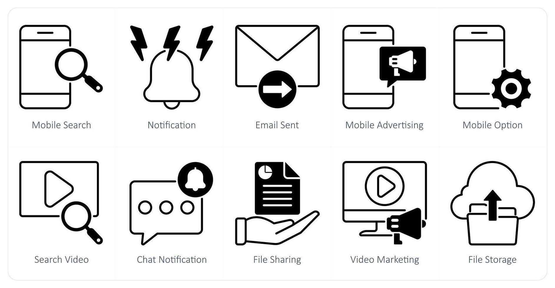 A set of 10 seo icons as mobile search, notification, email sent, mobile advertising vector