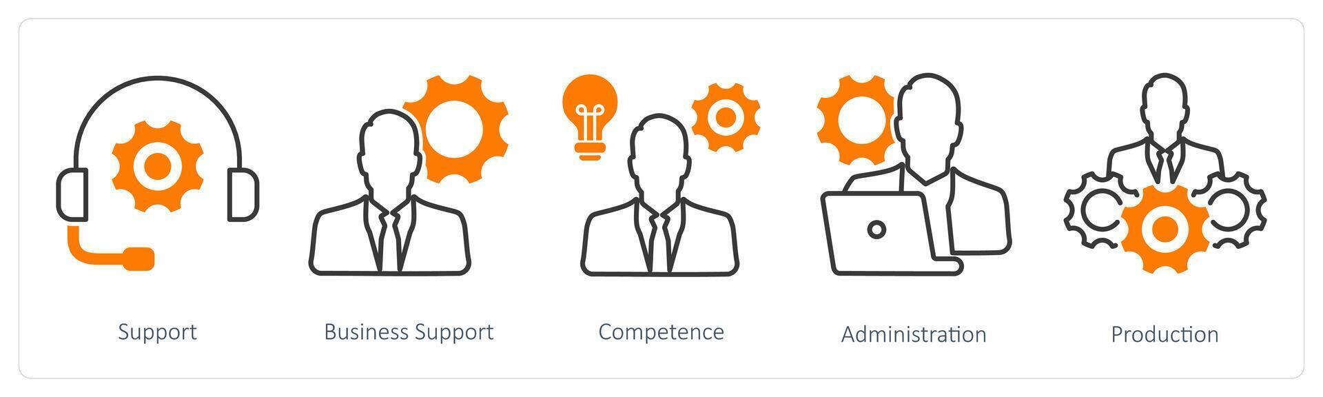A set of 5 Business and Office icons as support, business support, competence vector