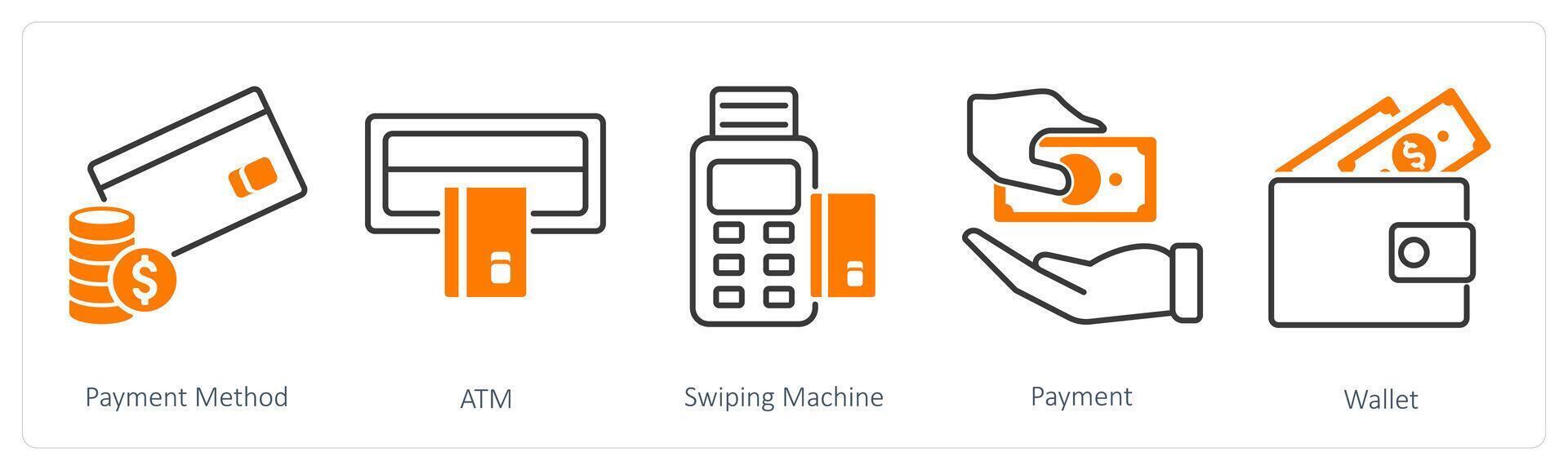 A set of 5 Shopping icons as payment method, atm, swiping machine vector