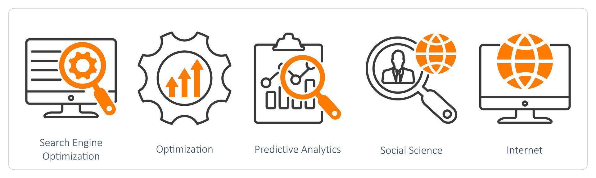A set of 5 Industrial icons as search engine optimization, optimization, predictive analytics vector