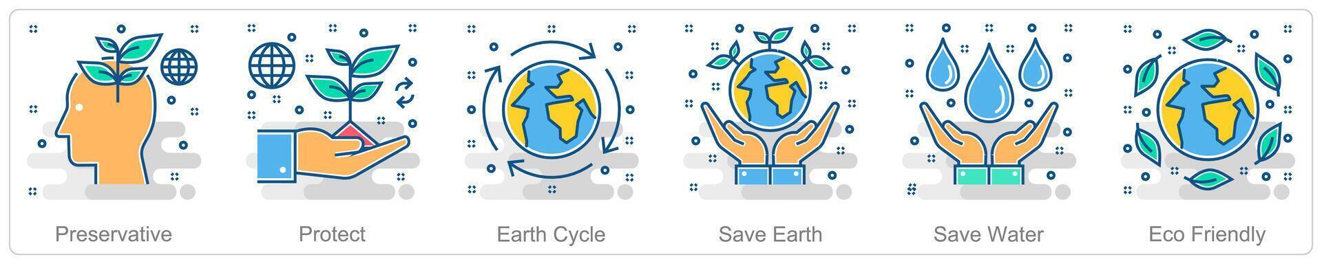 A set of 6 Ecology icons as preservative, protect, earth cycle vector
